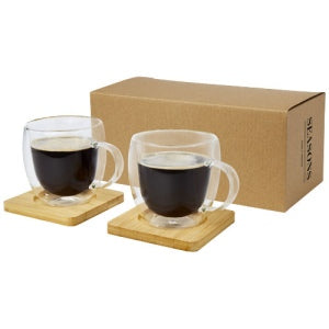 DUO DE TASSE A CAFÉ EXPRESSO en verre double paroi et soucoupe en bambou