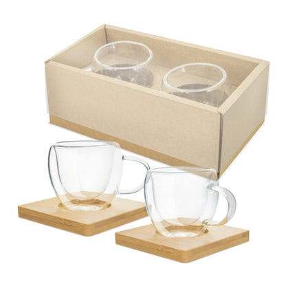 DUO DE TASSE A CAFÉ EXPRESSO en verre double paroi et soucoupe en bambou